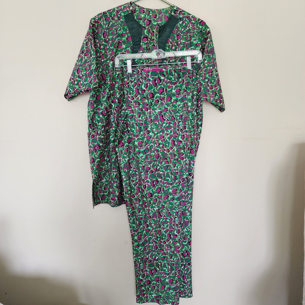 ☘️ African Dashiki 2 Piece Set Green Magenta Abstract Print Tunic and Pants